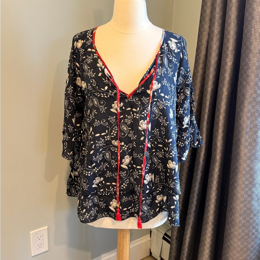 Johnny Was JADE Navy Floral V-Neck Peasant Tunic with Red Tassel Trim